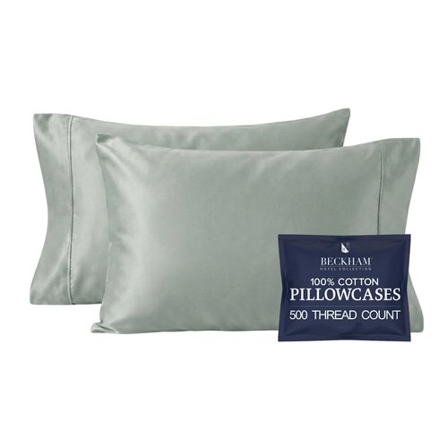 Beckham Hotel Collection Pillowcases Queen Size Set of 2, Cool Touch Cotton Sateen Fabric, 500TC, Silky Smooth & Soft, Open End, Aqua Gray
