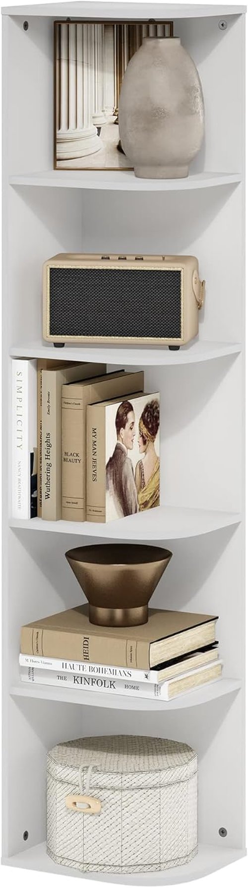 Furinno PASIR 5-Tier Corner Bookshelf - Stylish Open Shelf Bookcase for Living Room, Bedroom, Home Office | White, 9.3 x 12 x 51.7