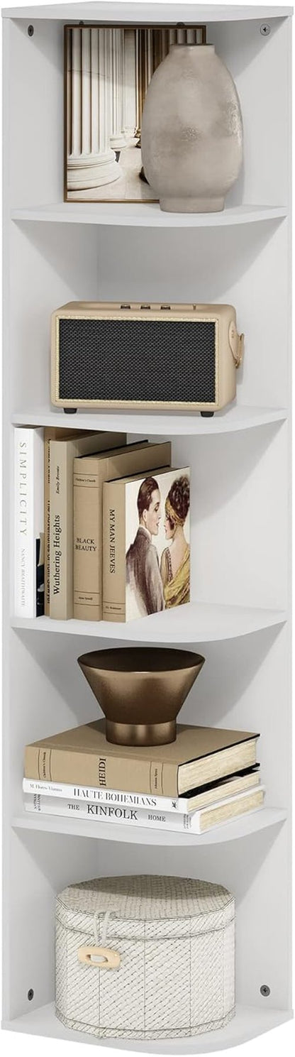 Furinno PASIR 5-Tier Corner Bookshelf - Stylish Open Shelf Bookcase for Living Room, Bedroom, Home Office | White, 9.3 x 12 x 51.7