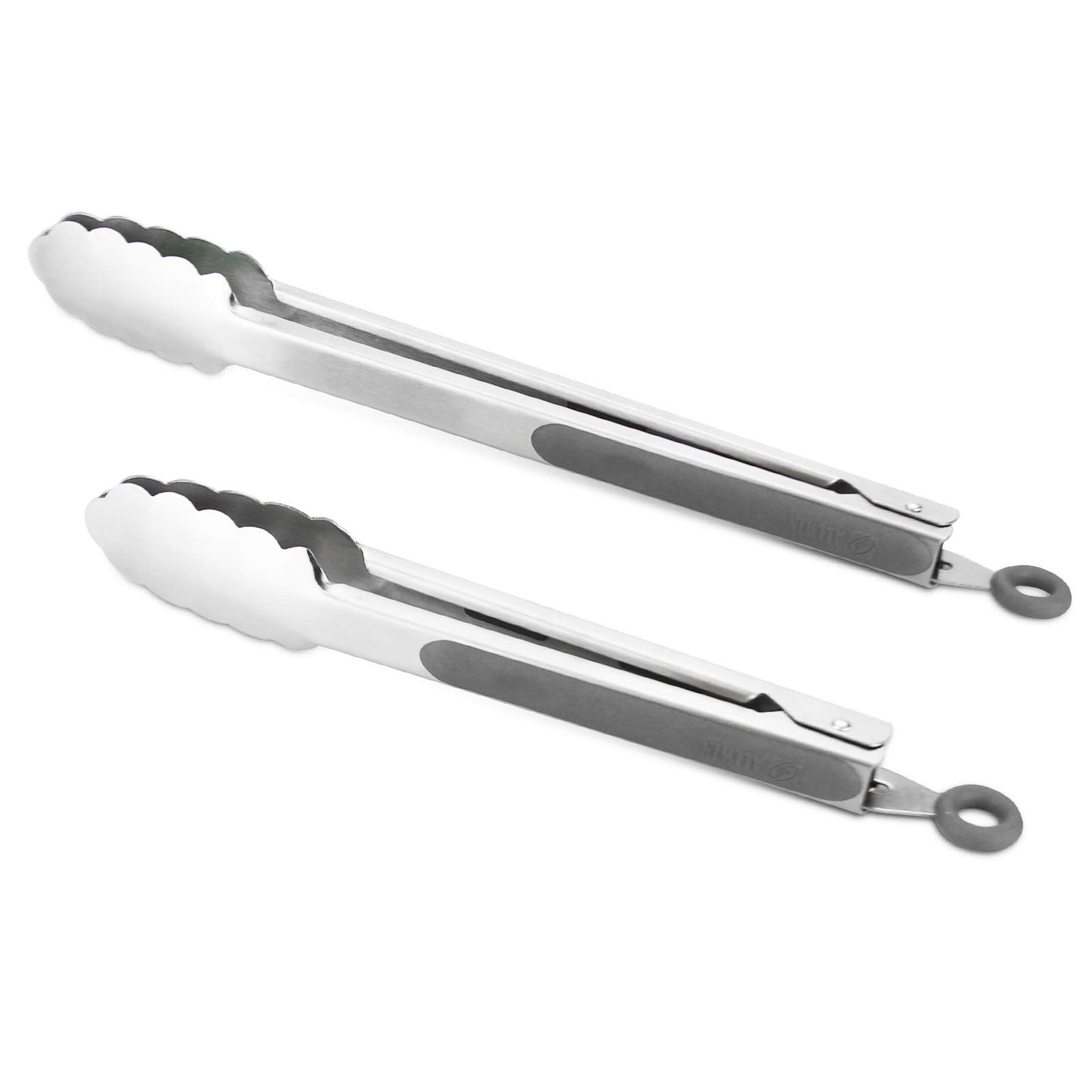 304 Stainless Steel Kitchen Cooking Tongs, 9" and 12" Set of 2 Sturdy Grilling Barbeque Brushed Locking Food Tongs with Ergonomic Grip, Grey