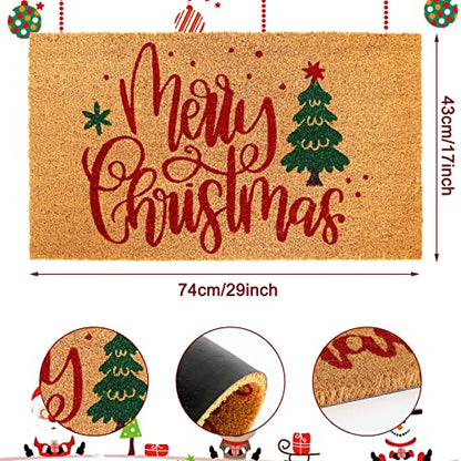 Christmas Door Mat - Natural Coir Xmas Tree & Merry Christmas Print, Non-Slip Indoor Outdoor 17x29 Inch