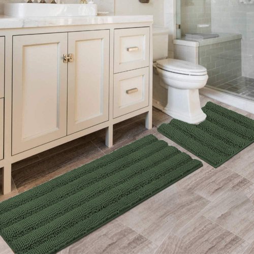 H.VERSAILTEX Bathroom Rugs Bath Rug Set 2 Piece Bathroom Contour Rug Toilet Mat Sets Non Slip Contour Bath Rug Ultra Thick Water Absorbent Striped Bath Mats(47" x 17" Plus 20" x 20" U, Bronze Green)
