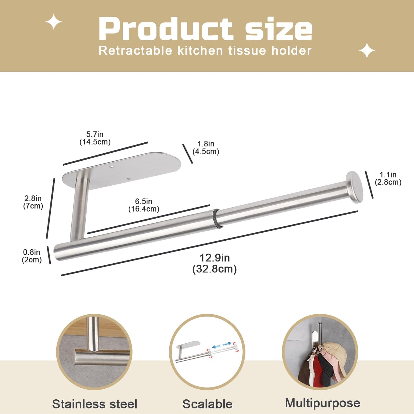 Under-Cabinet Paper Towel Holder, Retractable, Stainless Steel, Easy Install, Standard Bracket