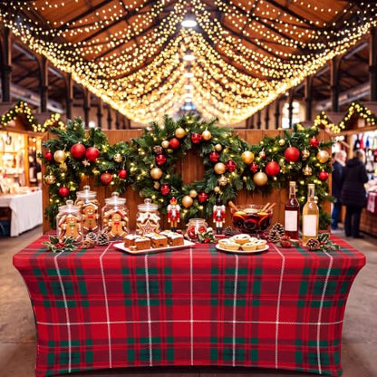 Christmas Plaid Spandex Tablecloth 6FT Red and Green Plaid - Fitted Holiday Table Cover - Variation: Plaid