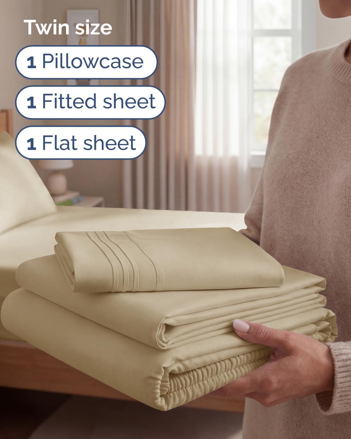 Skiennix Twin Size Sheet Set - Comfy Cooling Bed Sheets - Ultra-Soft, Deep Pockets, Wrinkle-Free - Oeko-Tex Certified - Beige