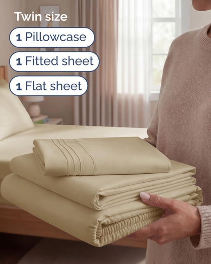 Skiennix Twin Size Sheet Set - Comfy Cooling Bed Sheets - Ultra-Soft, Deep Pockets, Wrinkle-Free - Oeko-Tex Certified - Beige