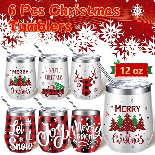 Ziliny Christmas Wine Tumbler Set with Lid & Straws - Plaid Style, 6 Pieces