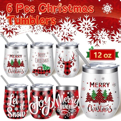 Ziliny Christmas Wine Tumbler Set with Lid & Straws - Plaid Style, 6 Pieces