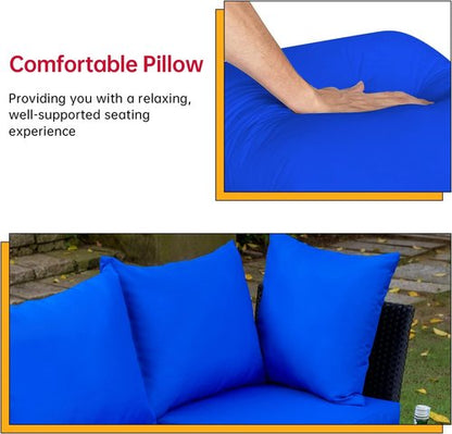 FDW Outdoor Sectional Sofa Set - 5 Pieces Wicker Rattan Conversation Furniture with Blue Cushions for Patio, Garden, Balcony