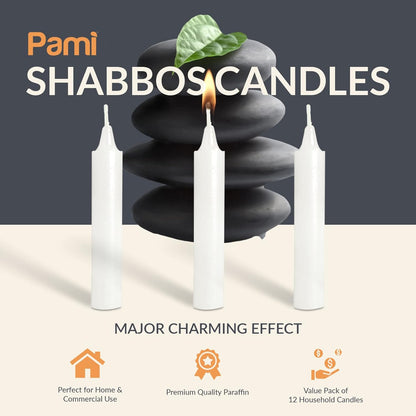 PAMI Traditional Shabbat Candle Sticks - Unscented Taper Candles | 12-Pack with 3 Hours Burn Time