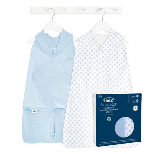 HALO Sleepsack Swaddle 3-6 Months and Wearable Blanket 6-12 Months 100% Organic Cotton 2-Piece Gift Set with Box, TOG 1.5, Chambray