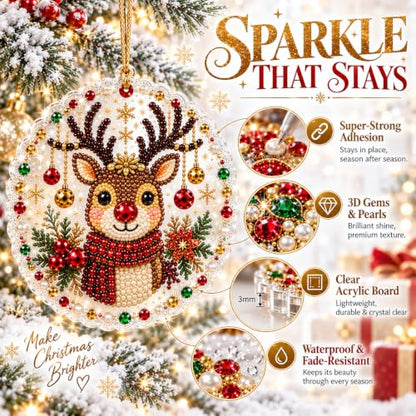 Christmas Pearl Diamond Art Kits - 10pcs Holiday Ornaments with Gems & Twine - Variation #J