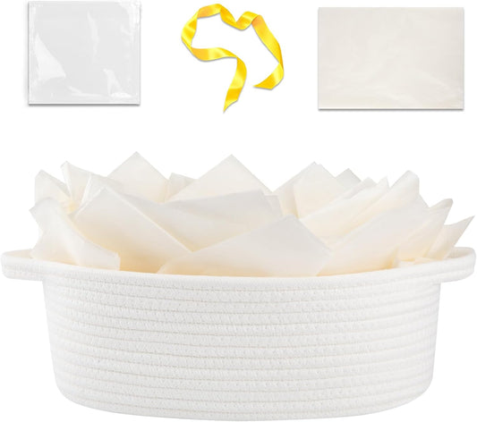OIAHOMY Woven Gift Basket - Small 12"x8"x5" with Handle, Gift Bag, Ribbon & Tissue Paper - White Dog Toy Storage