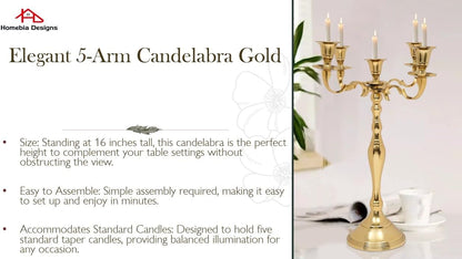 Metal Candelabra | Five Arm Decorative Candlestick Holder - 16 Inch Tall Gold Centerpiece for Weddings & Events