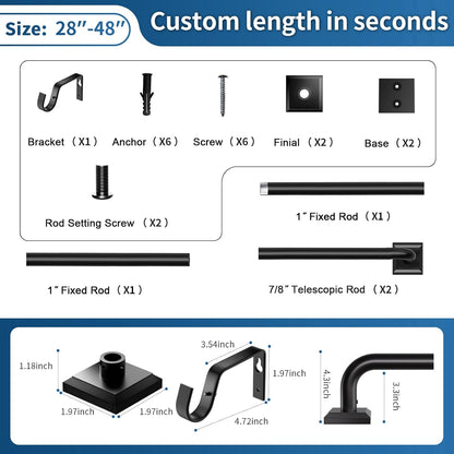 Skiennix Heavy Duty Black Curtain Rods - Adjustable 28-48 Inch French Return Design for Room Darkening