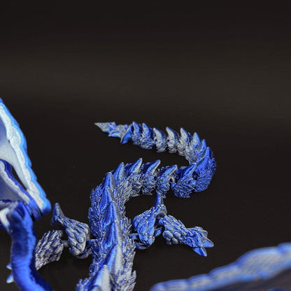 Skiennix 3D Printed Blue Silver Dragon Figurine - 11.8 Inch Collectible Desk Decor