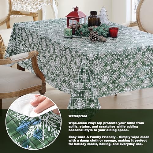 Christmas Green Snowflake Vinyl Tablecloth 60x102 Inch Rectangular Snowfall Variation
