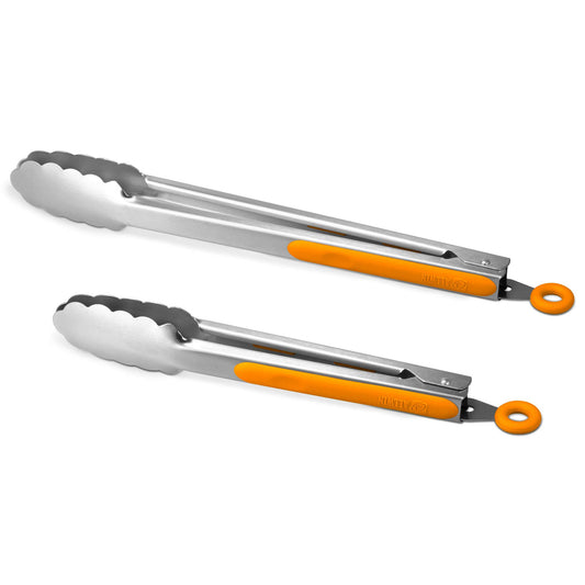 304 Stainless Steel Kitchen Cooking Tongs, 9" and 12" Set of 2 Sturdy Grilling Barbeque Brushed Locking Food Tongs with Ergonomic Grip, Orange