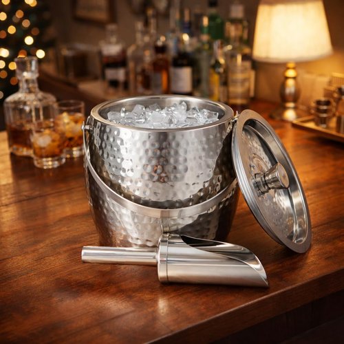 BREKX 3-QT Insulated Ice Buckets for Parties with Lid and Scoop - Iceberg Anchored Wine Chiller Champagne Bucket for Cocktail Bar, Metal Bucket with Lid, Non-Sweat