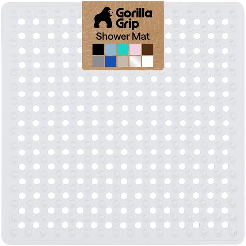 GORILLA GRIP Patented Square Shower Stall Mat, Small Bathtub Floor Mats for Stand Up Showers with Suction Cups and Drainage Holes, Machine Wash, Soft on Feet, Bathroom Accessories 21x21 Inch, White