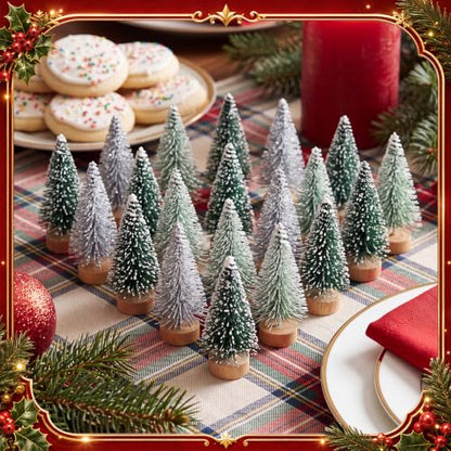 Mini Christmas Tree Bottle Brush Set - 48 Pcs, 1.8 Inch, Sage Green, Evergreen, Silver