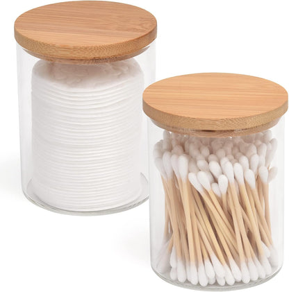 BKYFPQ Glass Qtip Holder Dispenser Set - Stylish Apothecary Jars with Lids for Makeup & Bathroom Storage | 2 Pack