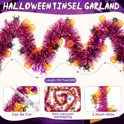 Halloween Garland Glitter Tinsel 100ft for Decoration - Orange Purple Black