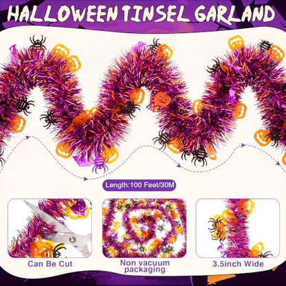 Halloween Garland Glitter Tinsel 100ft for Decoration - Orange Purple Black