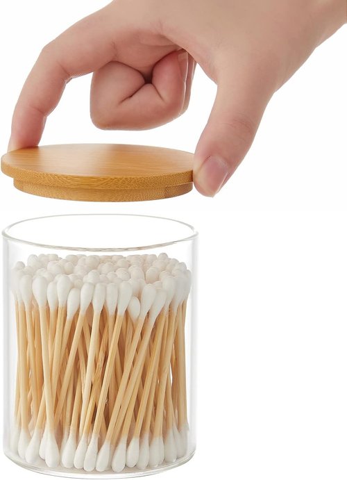 INIUNIK Glass Qtip Holder Dispenser - 2 Pack Bamboo Lid Apothecary Jars for Cotton Swabs & Pads Storage