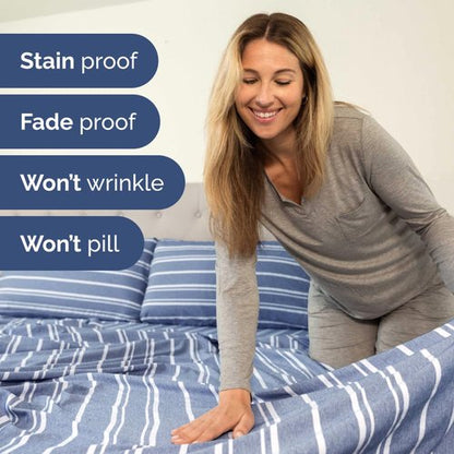 Full XL Bed Sheet - 4 Piece Full XL Bed Sheets Set - Soft, Breathable & Cooling - Hotel Luxury Bedding for Women, Men, Kids, Teens, Boys & Girls - Deep Pockets, Fade and Wrinkle Free - Blue Stripes