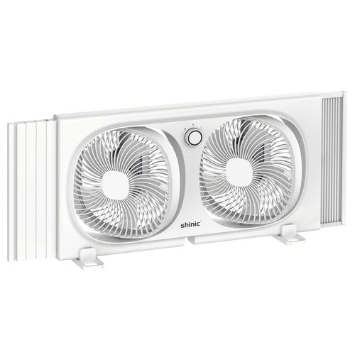 shinic 9" Twin Window Fan with 180°+90° Rotatable Fans, 2-Speeds, Vertical Window Fan with Rigid & Accordion Expanders, Width Adjustable (21.65" to 33.27"), Ideal for Home, Kitchen, Bedroom, Office
