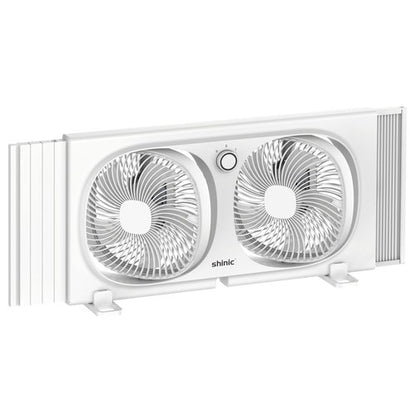 shinic 9" Twin Window Fan with 180°+90° Rotatable Fans, 2-Speeds, Vertical Window Fan with Rigid & Accordion Expanders, Width Adjustable (21.65" to 33.27"), Ideal for Home, Kitchen, Bedroom, Office