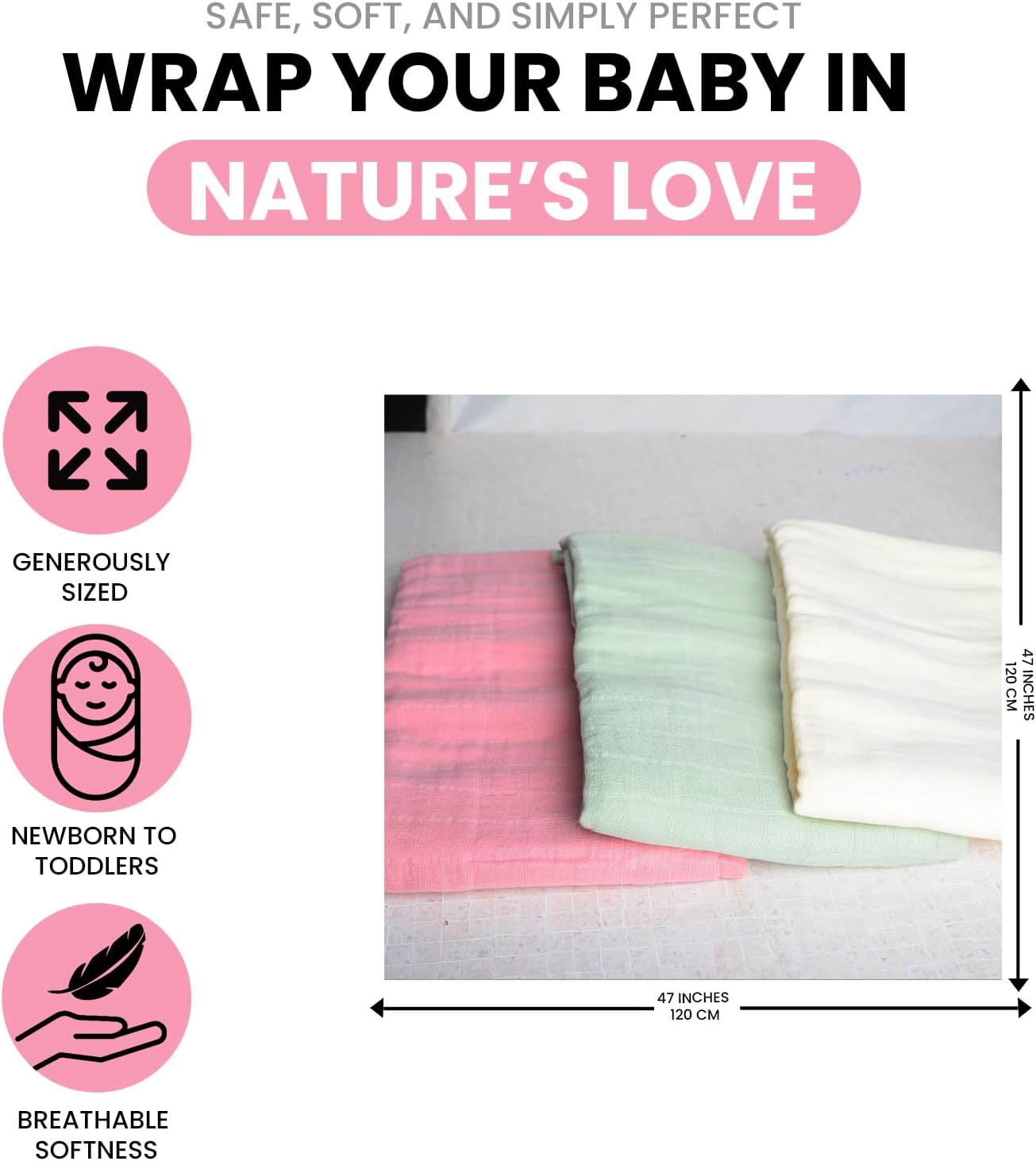 Skiennix Organic Muslin Swaddle Blankets - 100% Cotton, Soft & Breathable Baby Wraps | 3-Pack, 47 x 47 Inches