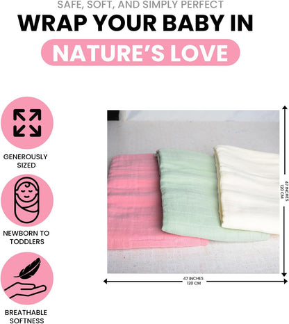 Skiennix Organic Muslin Swaddle Blankets - 100% Cotton, Soft & Breathable Baby Wraps | 3-Pack, 47 x 47 Inches
