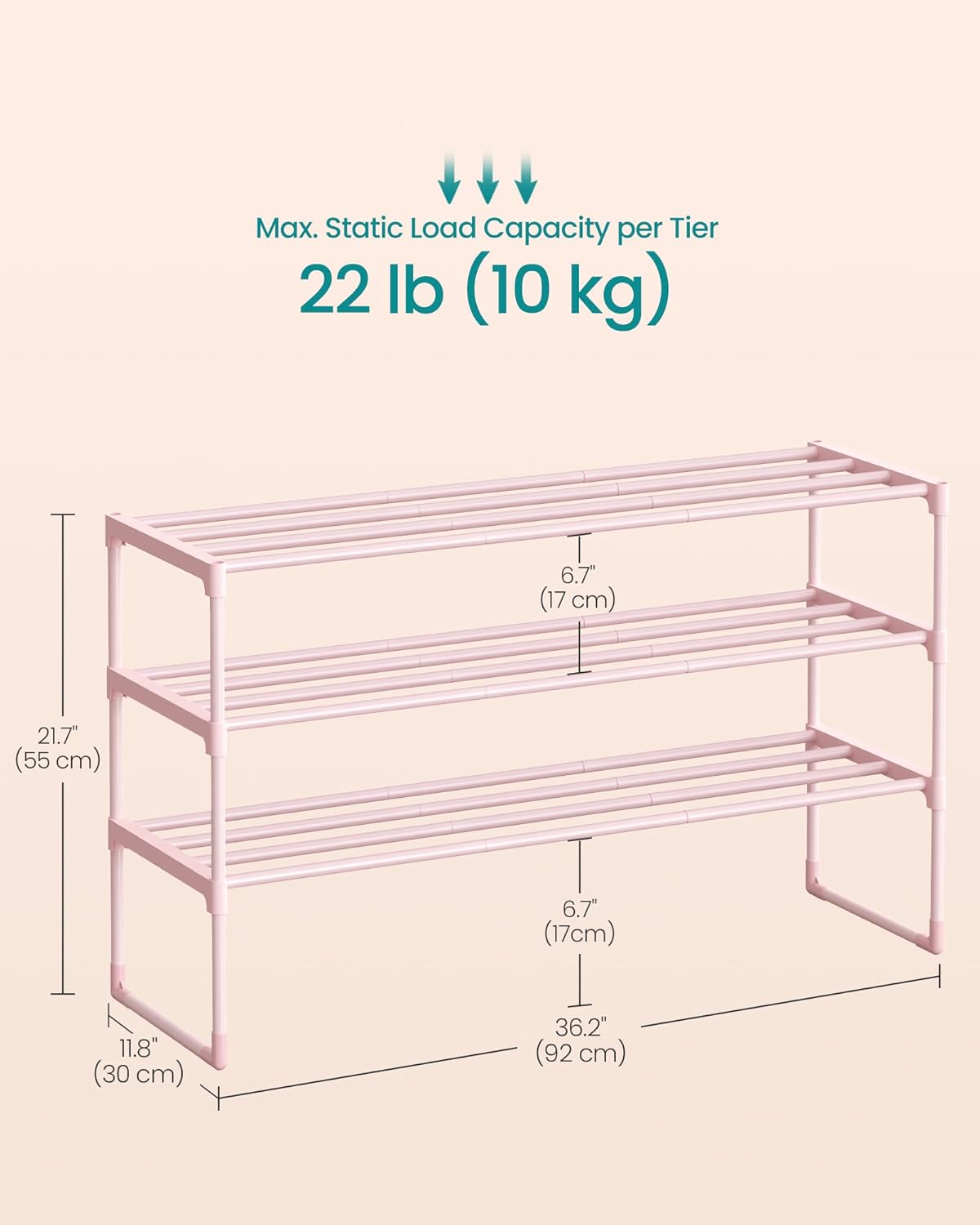 SONGMICS 3-Tier Shoe Rack - Stackable Metal Organizer for 16-20 Pairs | Jelly Pink, 11.8 x 36.2 x 21.7 Inches