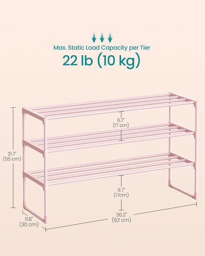 SONGMICS 3-Tier Shoe Rack - Stackable Metal Organizer for 16-20 Pairs | Jelly Pink, 11.8 x 36.2 x 21.7 Inches