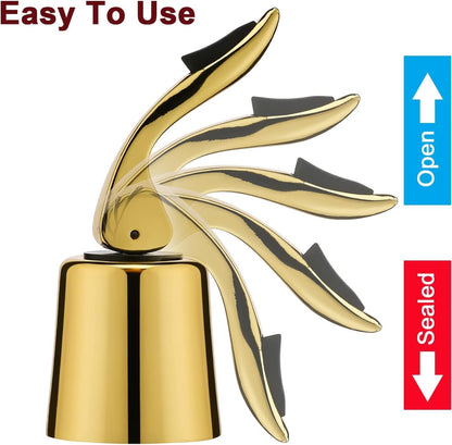 Wine Stoppers for Wine Bottles with Stainless Steel Vacuum Wine Bottle Stopper with Silicone Reusable Wine Corks, Leak proof Keep Fresh Suitable for Red&White Bottle (Gold, 3 Pack)
