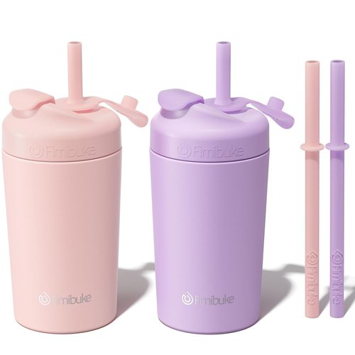 Fimibuke Kids' Spill-Proof Straw Cups - 10 OZ Insulated Tumbler Set with Screw-On Lid & Silicone Straw | 2 Pack