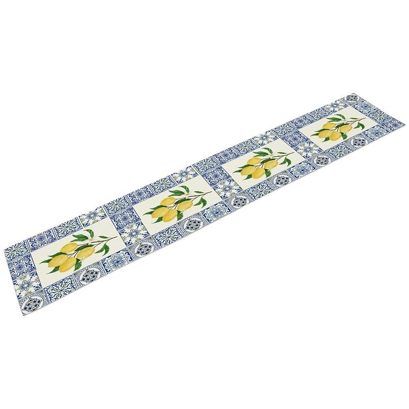 Lemon & Blue Tiles Table Runner 13x60in - Cotton Linen, Reusable Picnic & Dining Decor - Variation Lemon-7+W13"x L60"