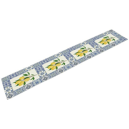 Lemon & Blue Tiles Table Runner 13x60in - Cotton Linen, Reusable Picnic & Dining Decor - Variation Lemon-7+W13"x L60"