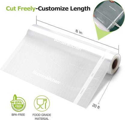 Bonsenkitchen Vacuum Food Sealer Rolls - 2 Pack, 8" x 20 ft, BPA-Free, Durable Bags for Storage & Sous Vide