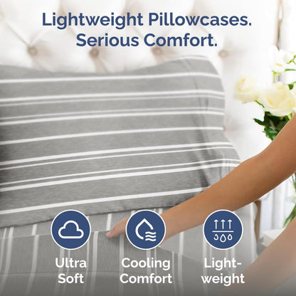 Skiennix Queen Pillow Cases Set of 4 - Ultra Soft Hotel Quality - Wrinkle-Free & Fade Resistant - Grey Stripes