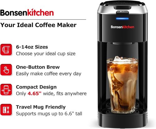 Bonsenkitchen Single Serve Coffee Maker - Fast Brewing Machine with Strength Control | Fits 6.6" Travel Mugs, Silver