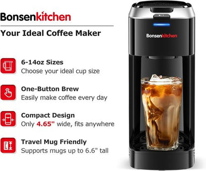 Bonsenkitchen Single Serve Coffee Maker - Fast Brewing Machine with Strength Control | Fits 6.6" Travel Mugs, Silver