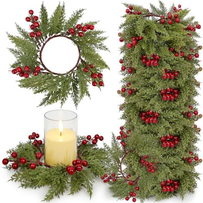 Christmas Candle Wreaths with Red Berries - Pack of 24, 3.7 Inch