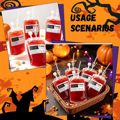 Halloween Blood Bags for Drinks 4 Pack with Syringe & Clips Set