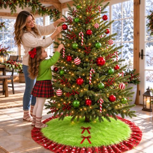 Wninbu Lime Green Christmas Tree Skirt 60 Inch Red Ruffle Polka Dot Bows