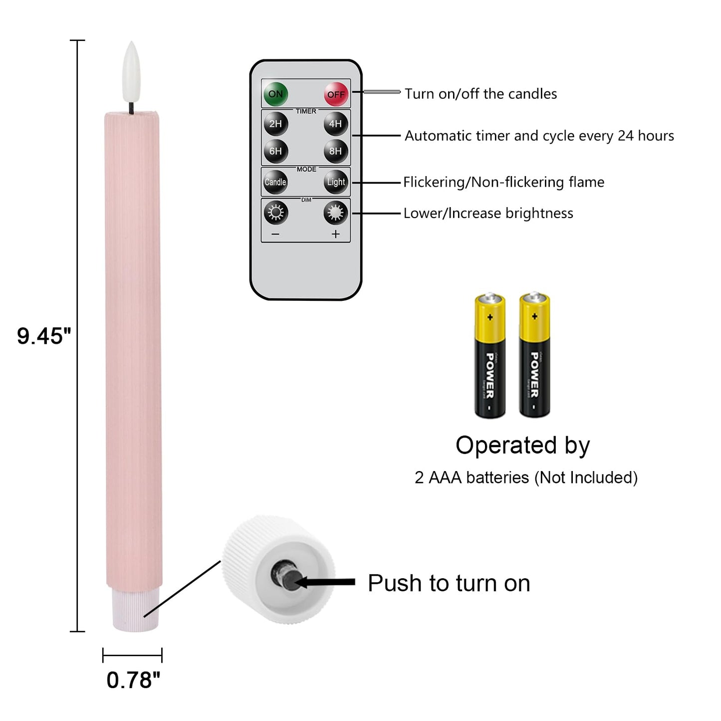 Wondise Pink Flameless Flickering Taper Candles with 10-Key Remote and Timer, Battery Operated 3D Wick Real Wax LED Taper Candles 6 Packs for Spring Dinner Holiday Decor(0.78 x 9.45 Inch)