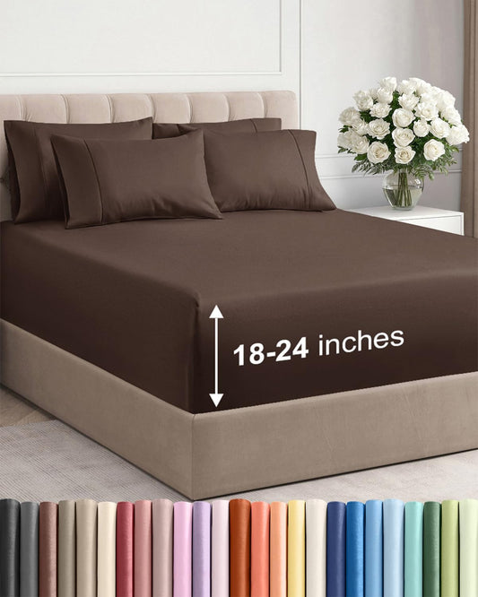 Skiennix Extra Deep Full Sheet Set - 6 Piece Cooling Bedding - Soft, Wrinkle-Free, Easy Fit - Brown