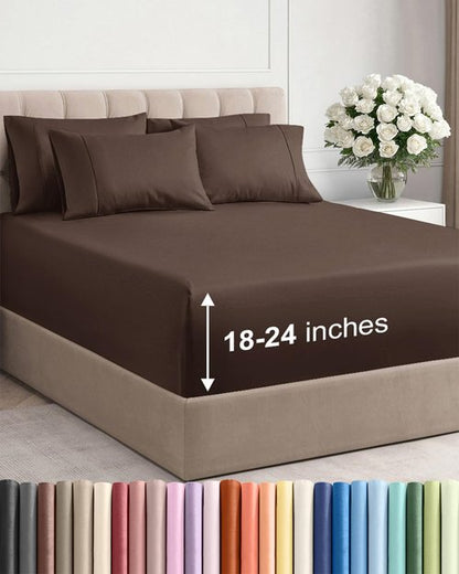 Extra Deep Full Sheet Set - 6 Piece Breathable and Cooling Sheets - Hotel Luxury Bedding for Women, Men, Kids & Teens - Easy & Secure Fit - Soft, Wrinkle Free and Comfy - Extra Deep Pockets - Brown